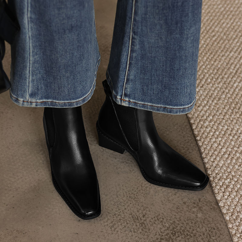 Women's Retro Cowhide Chelsea Boots Vintage Square Toe Slip-on Block High Heel Booties