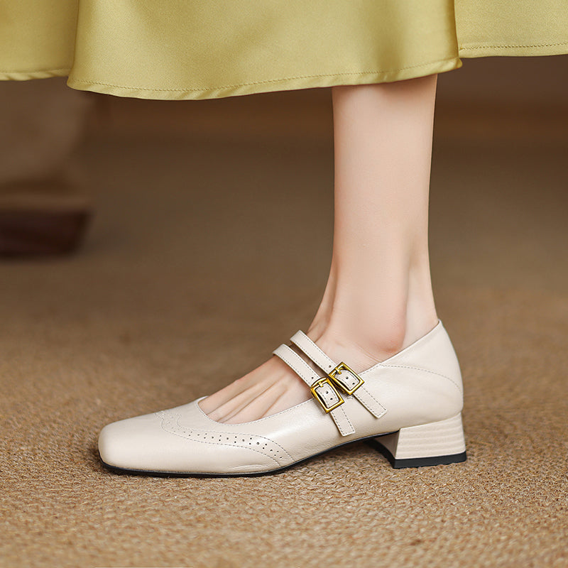 Women's Vintage Brogue Leather Low Heel - Double Buckle Strap Mary Janes