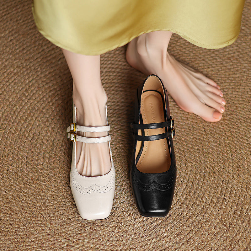 Women's Vintage Brogue Leather Low Heel - Double Buckle Strap Mary Janes