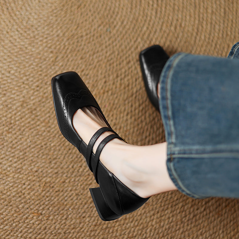 Women's Vintage Brogue Leather Low Heel - Double Buckle Strap Mary Janes