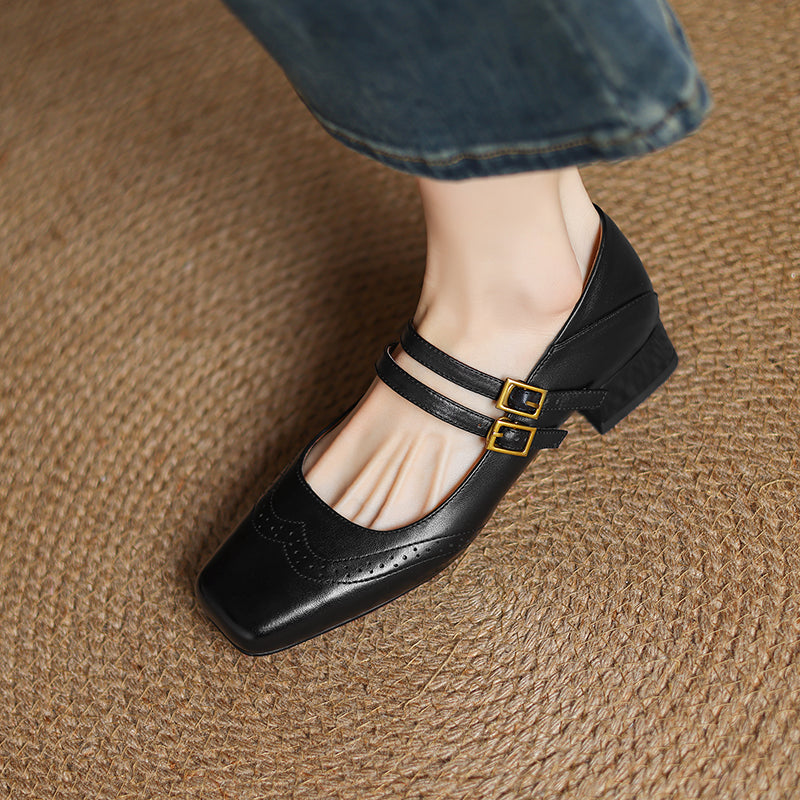 Women's Vintage Brogue Leather Low Heel - Double Buckle Strap Mary Janes