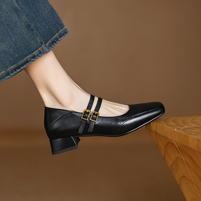 Women's Vintage Brogue Leather Low Heel - Double Buckle Strap Mary Janes