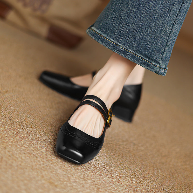 Women's Vintage Brogue Leather Low Heel - Double Buckle Strap Mary Janes
