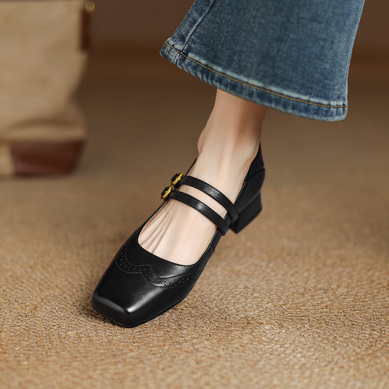 Women's Vintage Brogue Leather Low Heel - Double Buckle Strap Mary Janes