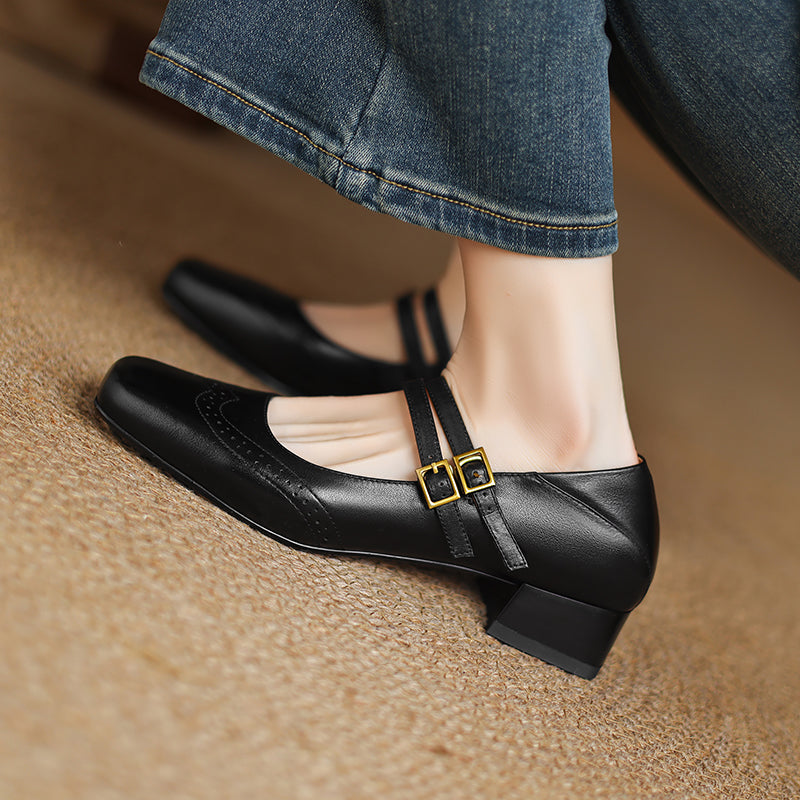 Women's Vintage Brogue Leather Low Heel - Double Buckle Strap Mary Janes