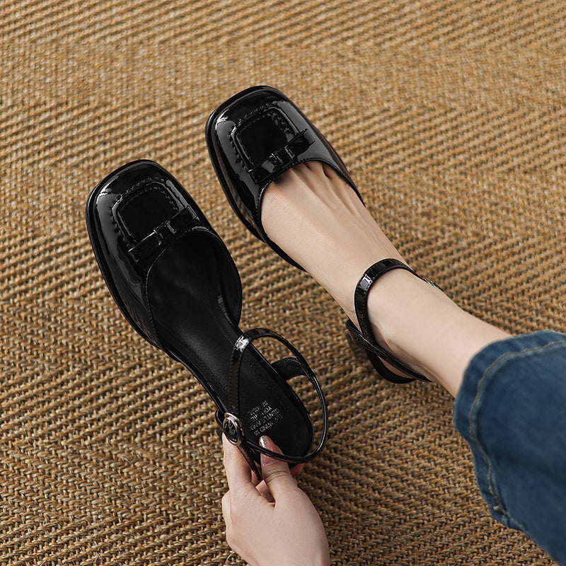 Women's Bow-Knot Patent Leather Pumps French Retro Square Toe Block Heel