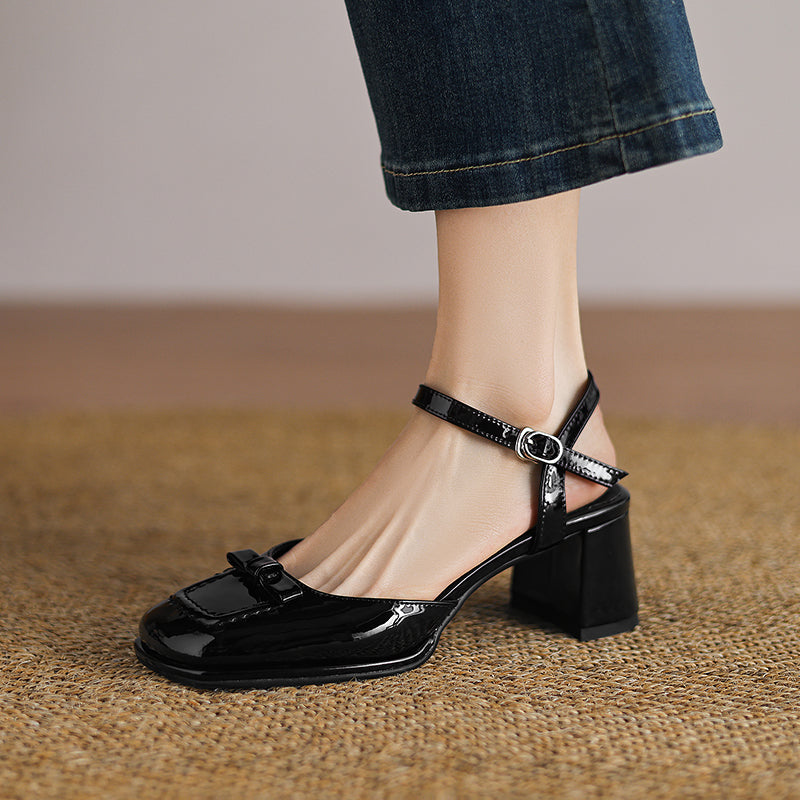 Women's Bow-Knot Patent Leather Pumps French Retro Square Toe Block Heel