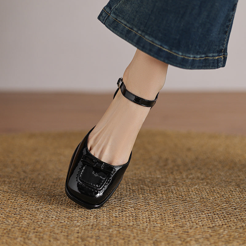 Women's Bow-Knot Patent Leather Pumps French Retro Square Toe Block Heel
