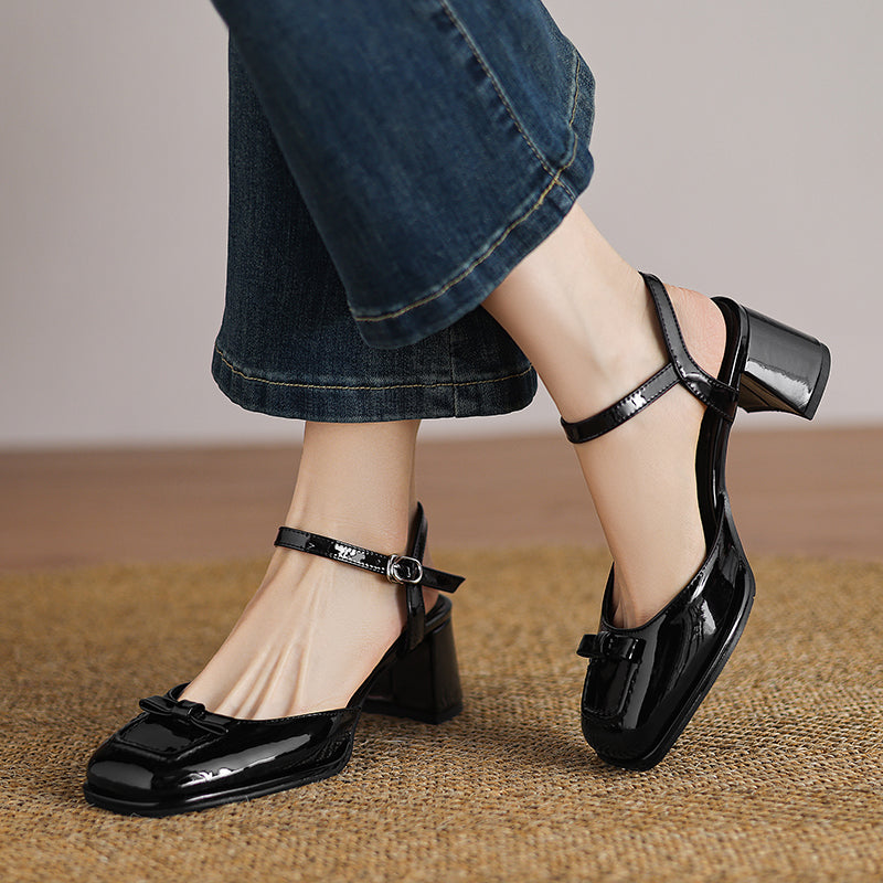 Women's Bow-Knot Patent Leather Pumps French Retro Square Toe Block Heel