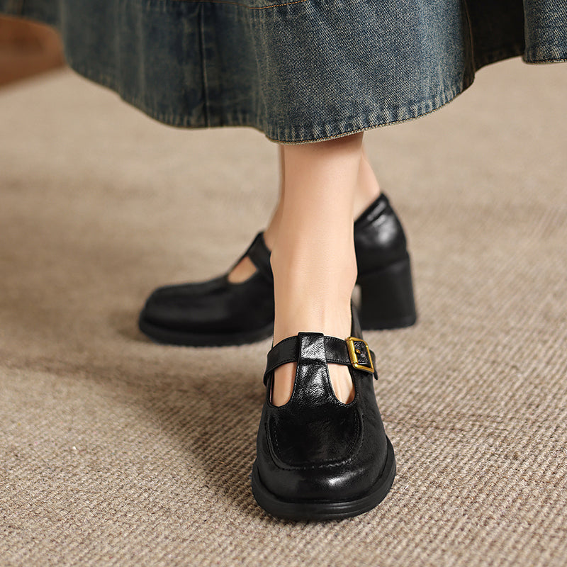 Elegant T-Strap Leather Heels - Soft Sheepskin High-Heel Mary Janes - Professional Shoes