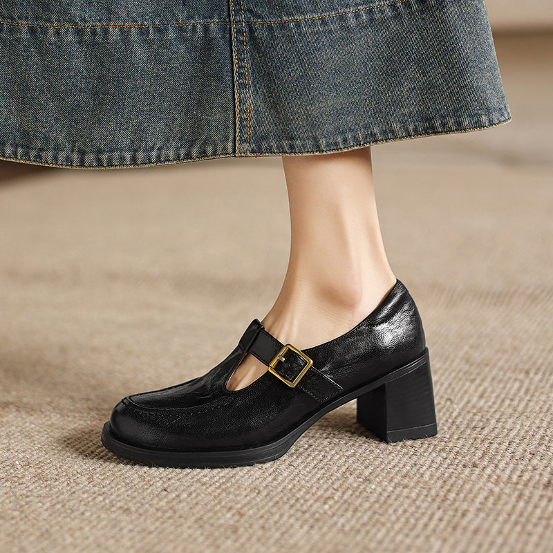 Elegant T-Strap Leather Heels - Soft Sheepskin High-Heel Mary Janes - Professional Shoes