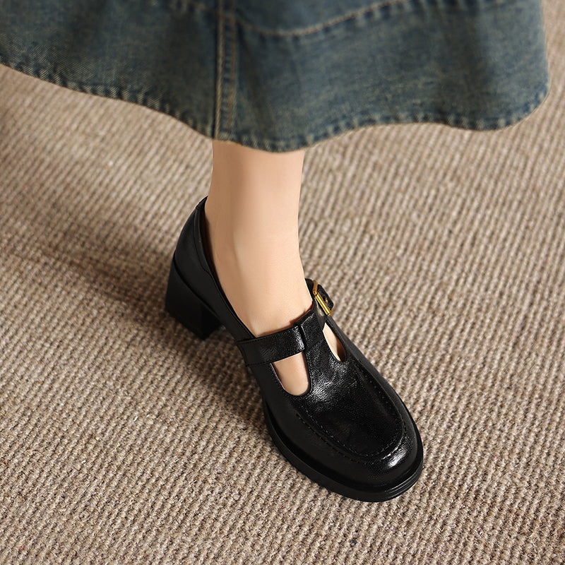 Elegant T-Strap Leather Heels - Soft Sheepskin High-Heel Mary Janes - Professional Shoes