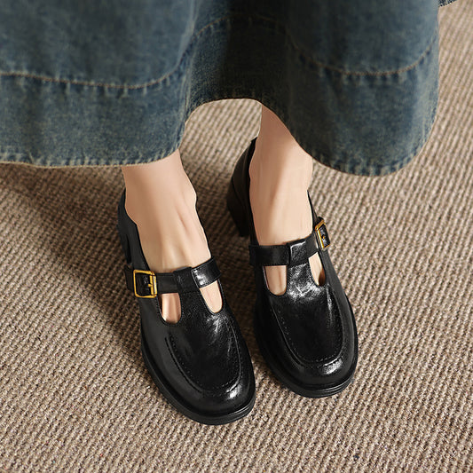 Elegant T-Strap Leather Heels - Soft Sheepskin High-Heel Mary Janes - Professional Shoes