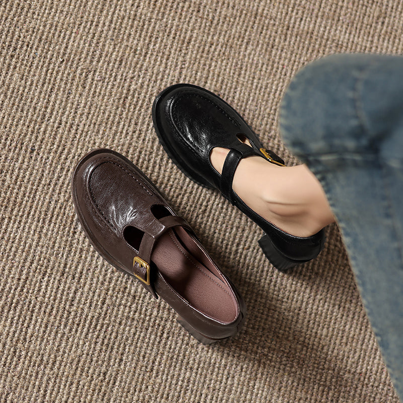 Elegant T-Strap Leather Heels - Soft Sheepskin High-Heel Mary Janes - Professional Shoes
