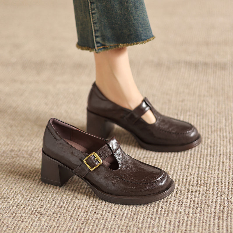 Elegant T-Strap Leather Heels - Soft Sheepskin High-Heel Mary Janes - Professional Shoes