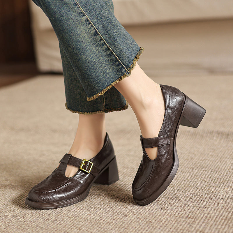Elegant T-Strap Leather Heels - Soft Sheepskin High-Heel Mary Janes - Professional Shoes