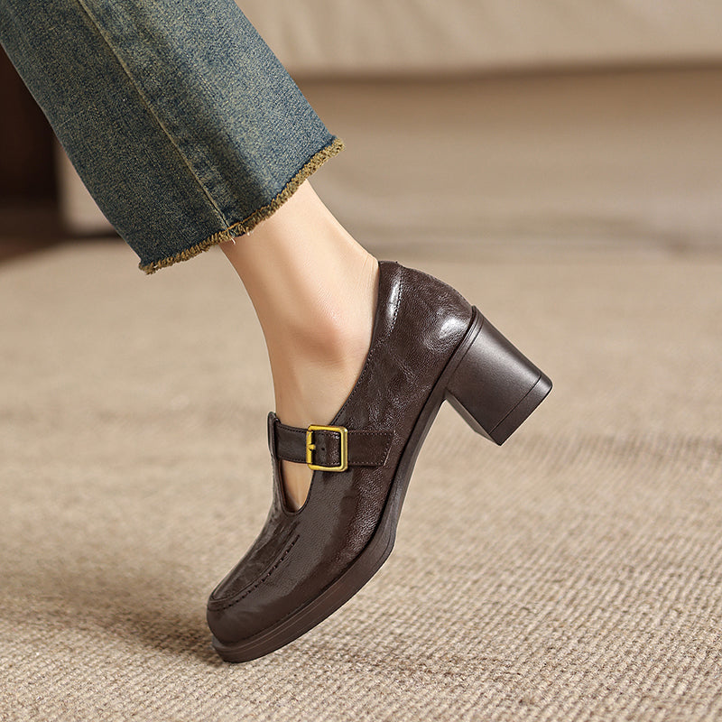 Elegant T-Strap Leather Heels - Soft Sheepskin High-Heel Mary Janes - Professional Shoes