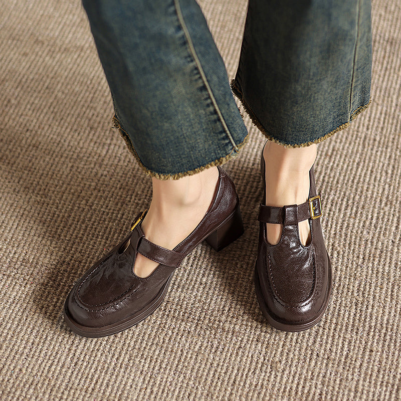 Elegant T-Strap Leather Heels - Soft Sheepskin High-Heel Mary Janes - Professional Shoes