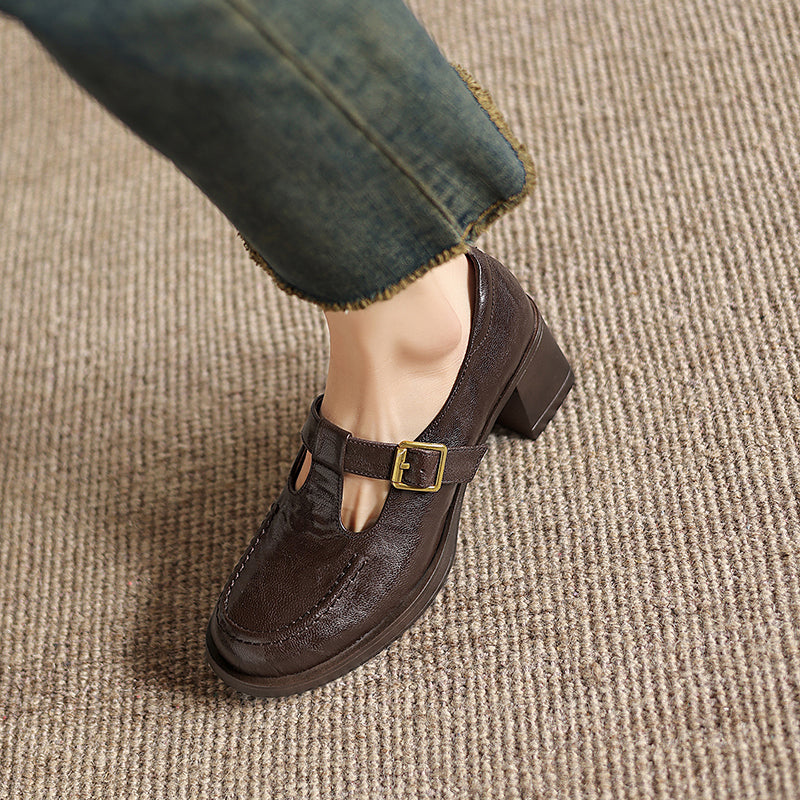 Elegant T-Strap Leather Heels - Soft Sheepskin High-Heel Mary Janes - Professional Shoes