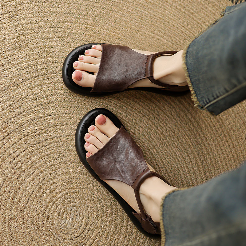Open-toe Artisanal Washed Leather Summer Sandals - Ultra-Soft Sheepskin Velcro Straps - Retro Comfort Shoes