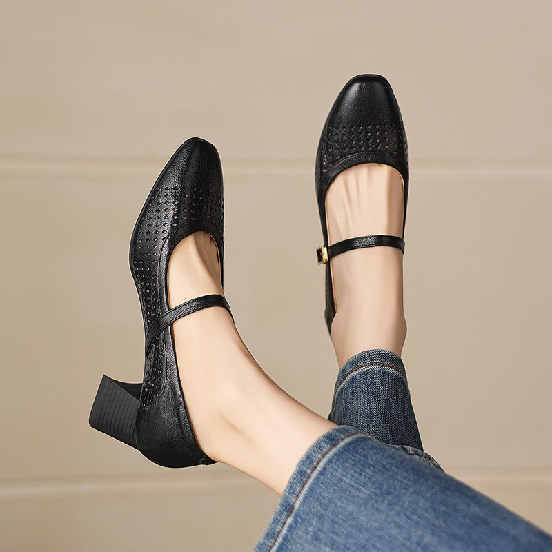 Breathable Leather Heels - Soft Sheepskin Mary Janes - Stable Mid-Heel Summer Shoes