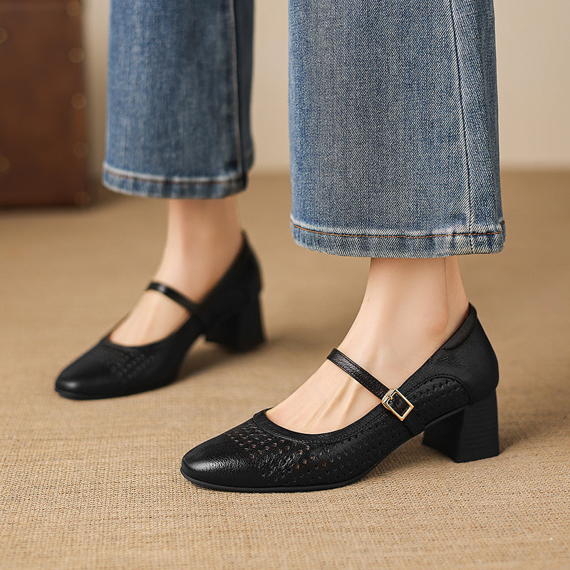 Breathable Leather Heels - Soft Sheepskin Mary Janes - Stable Mid-Heel Summer Shoes