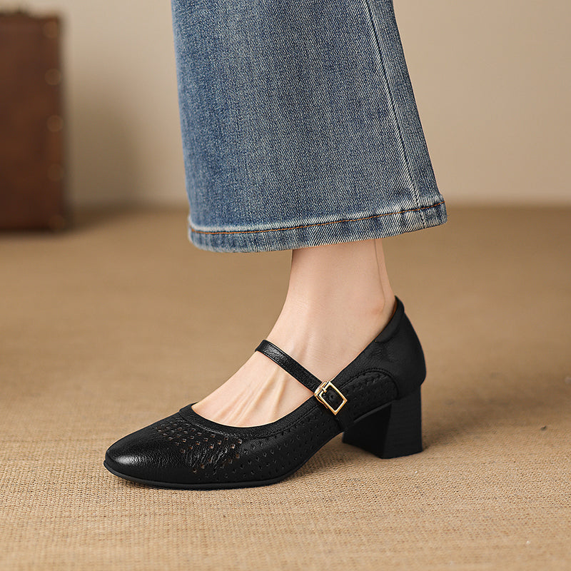 Breathable Leather Heels - Soft Sheepskin Mary Janes - Stable Mid-Heel Summer Shoes