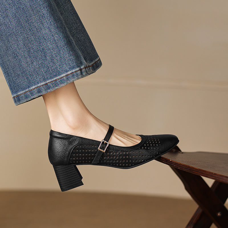 Breathable Leather Heels - Soft Sheepskin Mary Janes - Stable Mid-Heel Summer Shoes