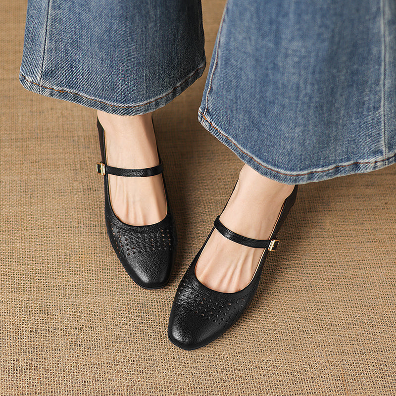 Breathable Leather Heels - Soft Sheepskin Mary Janes - Stable Mid-Heel Summer Shoes