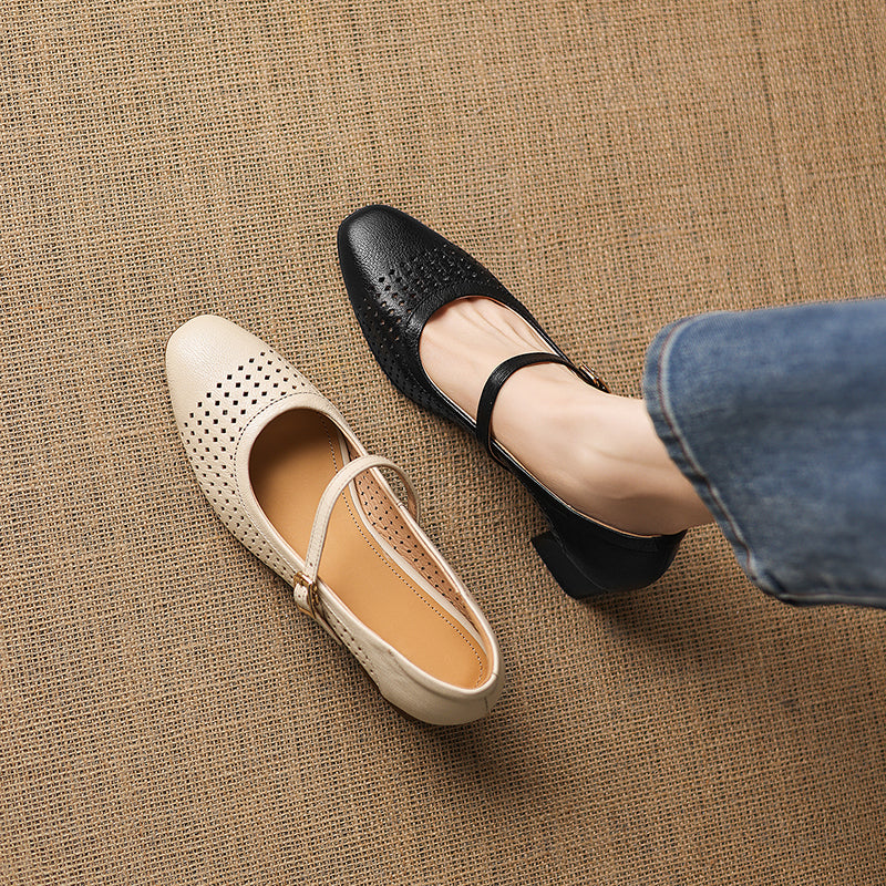 Breathable Leather Heels - Soft Sheepskin Mary Janes - Stable Mid-Heel Summer Shoes