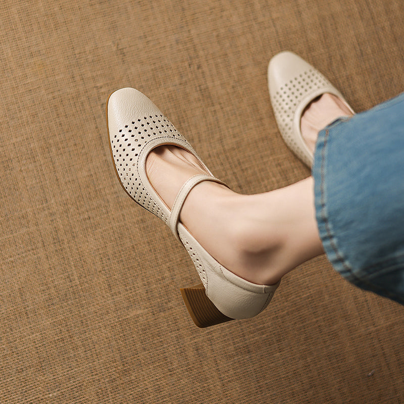 Breathable Leather Heels - Soft Sheepskin Mary Janes - Stable Mid-Heel Summer Shoes
