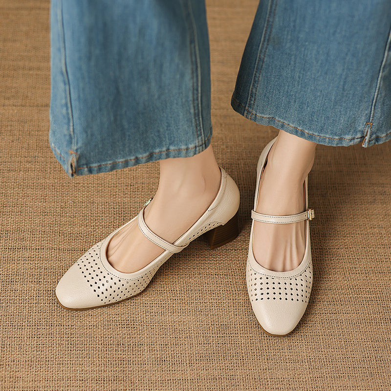 Breathable Leather Heels - Soft Sheepskin Mary Janes - Stable Mid-Heel Summer Shoes