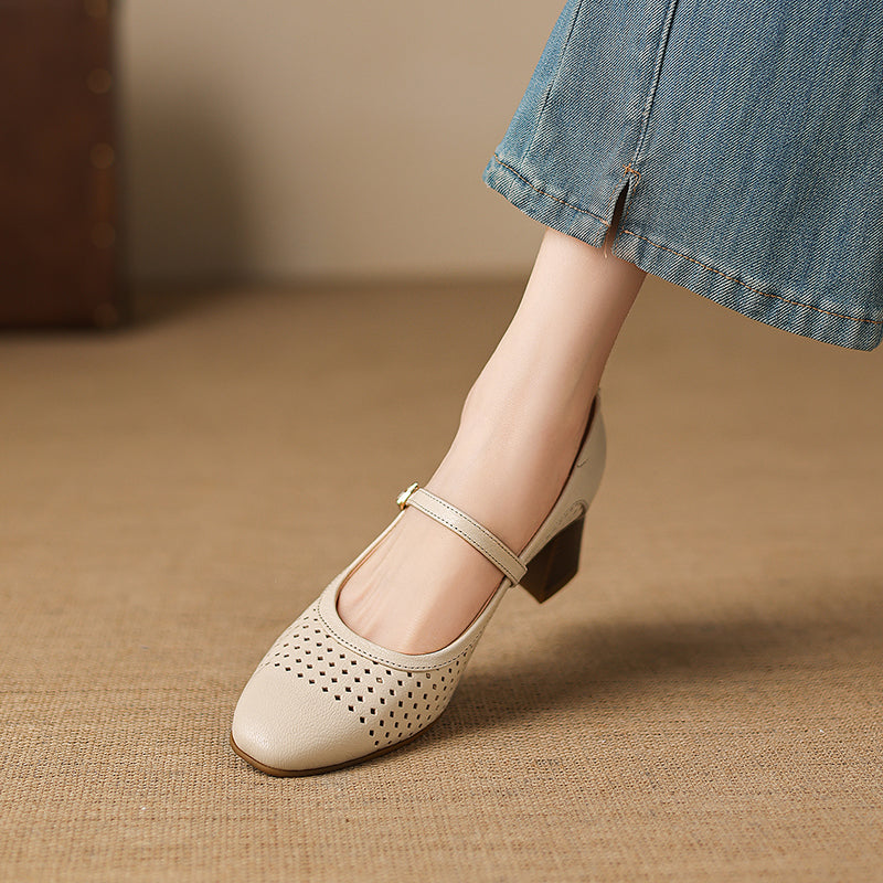 Breathable Leather Heels - Soft Sheepskin Mary Janes - Stable Mid-Heel Summer Shoes