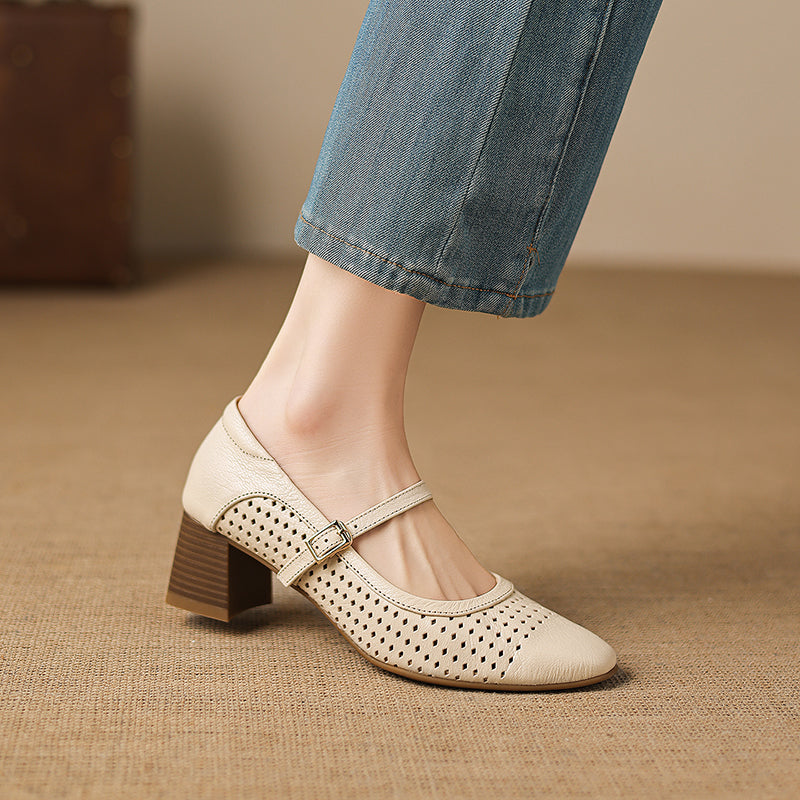 Breathable Leather Heels - Soft Sheepskin Mary Janes - Stable Mid-Heel Summer Shoes
