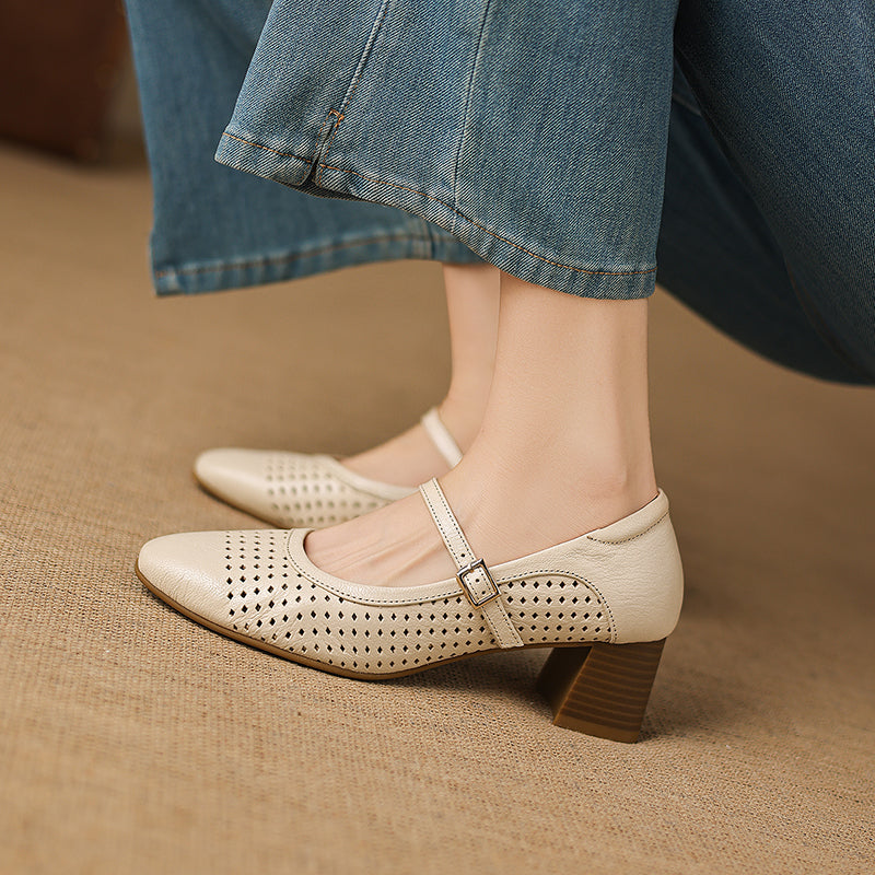 Breathable Leather Heels - Soft Sheepskin Mary Janes - Stable Mid-Heel Summer Shoes