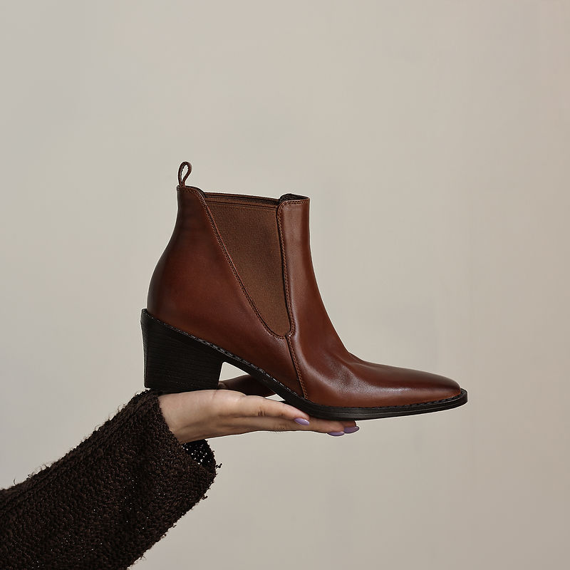 Women's Retro Cowhide Chelsea Boots Vintage Square Toe Slip-on Block High Heel Booties