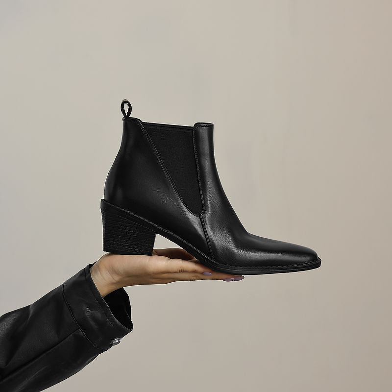 Women's Retro Cowhide Chelsea Boots Vintage Square Toe Slip-on Block High Heel Booties