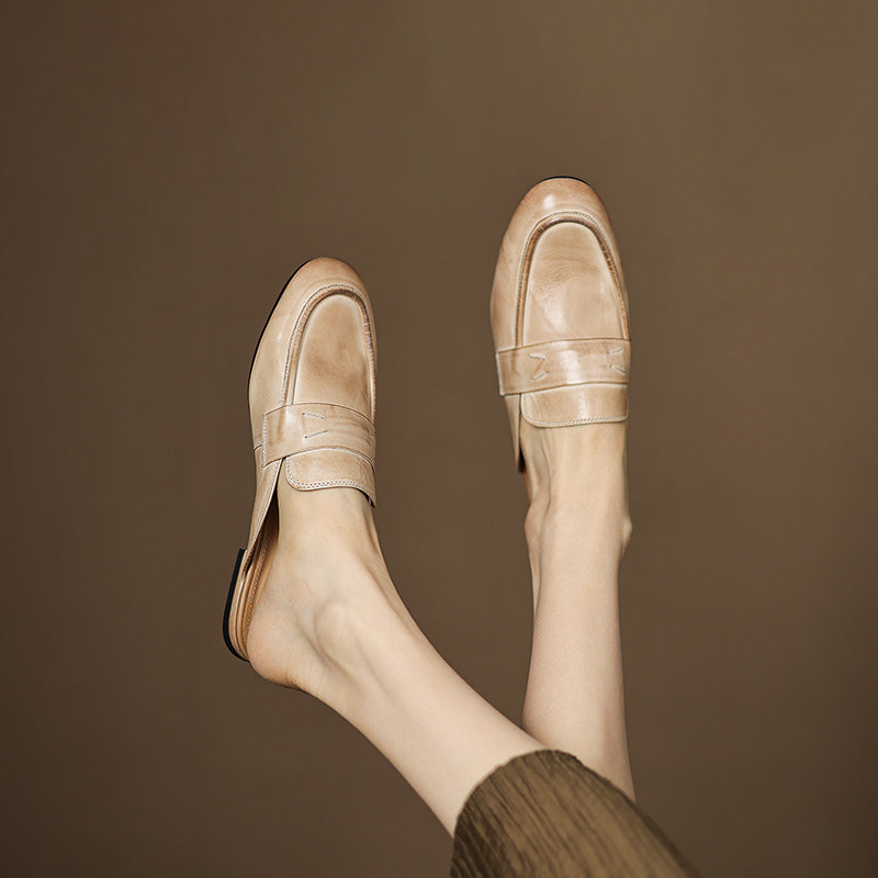 Women's Leather Loafer Mules Handcrafted Summer Classic Round Toe Comfort Flats
