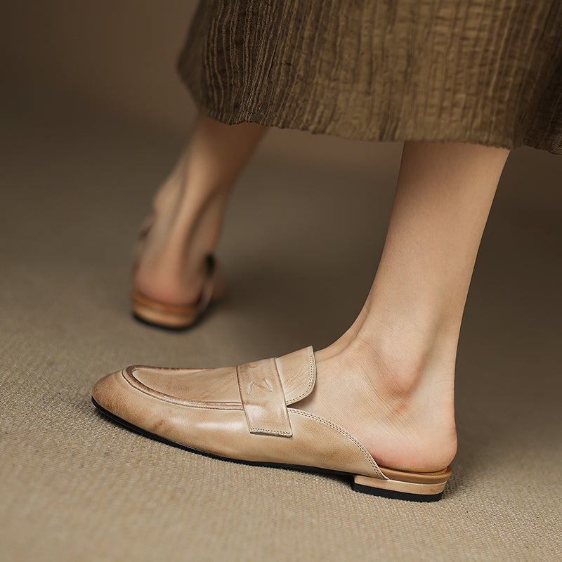 Women's Leather Loafer Mules Handcrafted Summer Classic Round Toe Comfort Flats