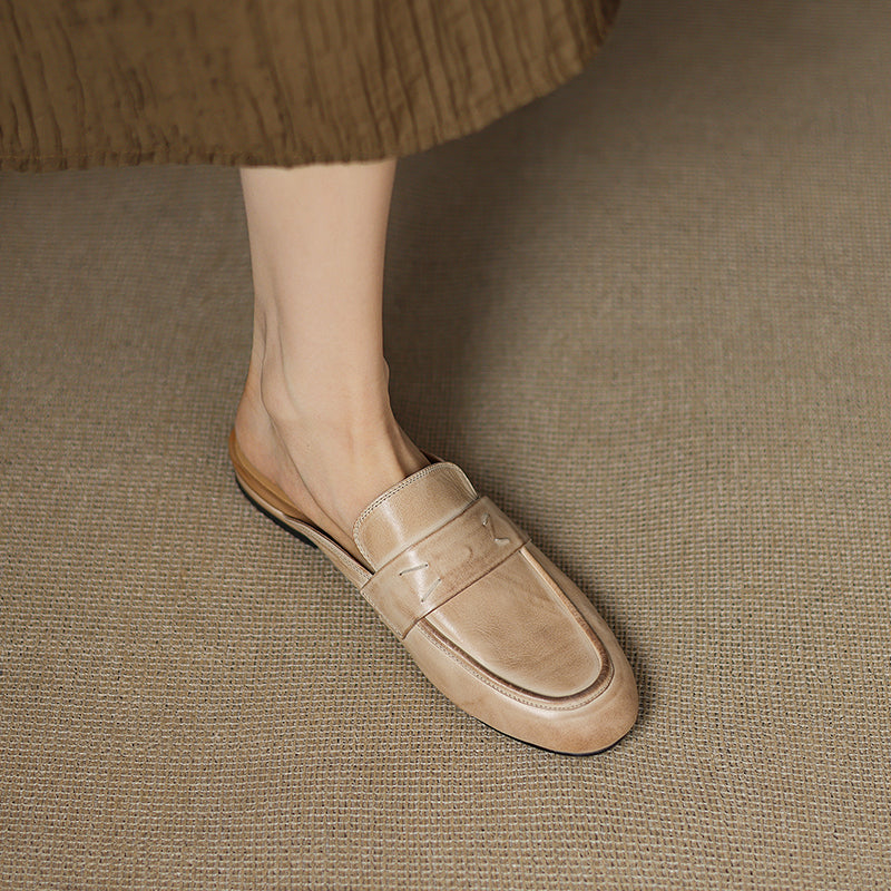 Women's Leather Loafer Mules Handcrafted Summer Classic Round Toe Comfort Flats