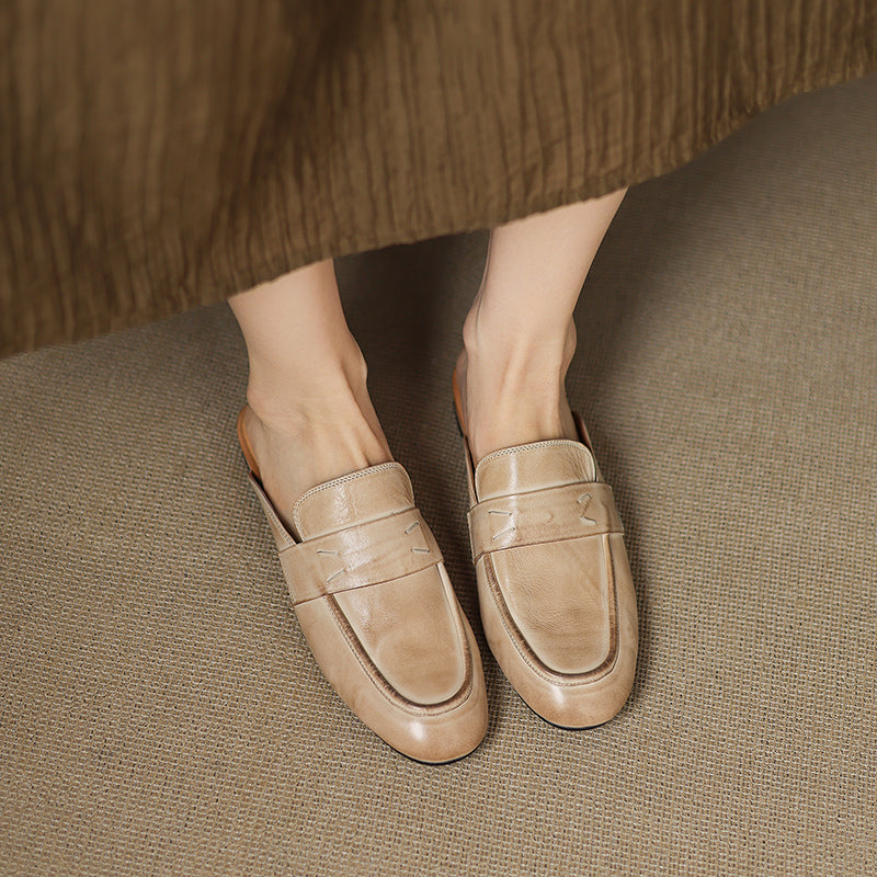 Women's Leather Loafer Mules Handcrafted Summer Classic Round Toe Comfort Flats