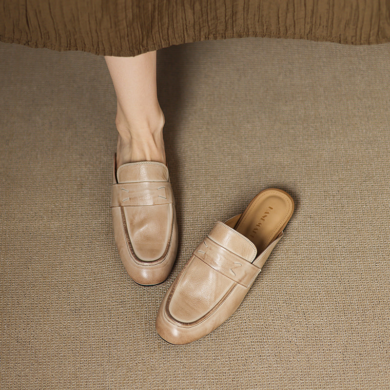 Women's Leather Loafer Mules Handcrafted Summer Classic Round Toe Comfort Flats