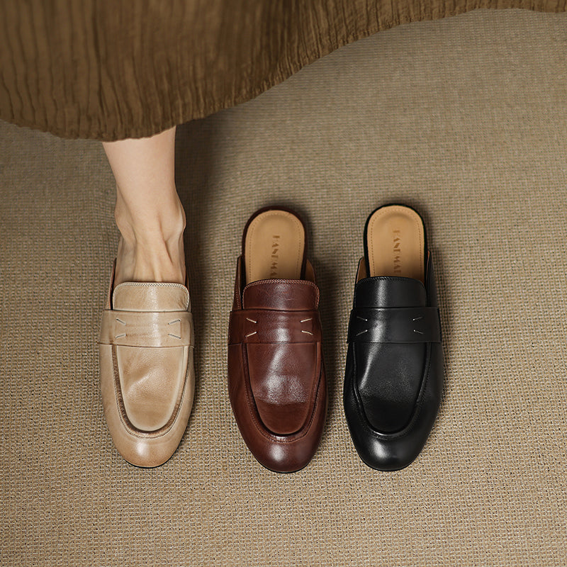 Women's Leather Loafer Mules Handcrafted Summer Classic Round Toe Comfort Flats