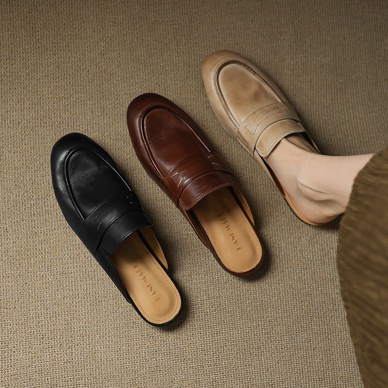 Women's Leather Loafer Mules Handcrafted Summer Classic Round Toe Comfort Flats