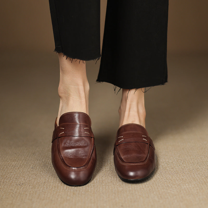 Women's Leather Loafer Mules Handcrafted Summer Classic Round Toe Comfort Flats