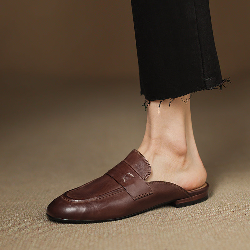 Women's Leather Loafer Mules Handcrafted Summer Classic Round Toe Comfort Flats