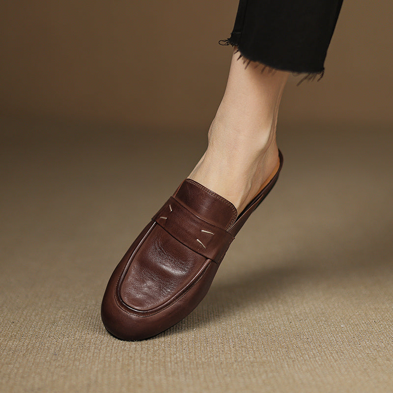 Women's Leather Loafer Mules Handcrafted Summer Classic Round Toe Comfort Flats