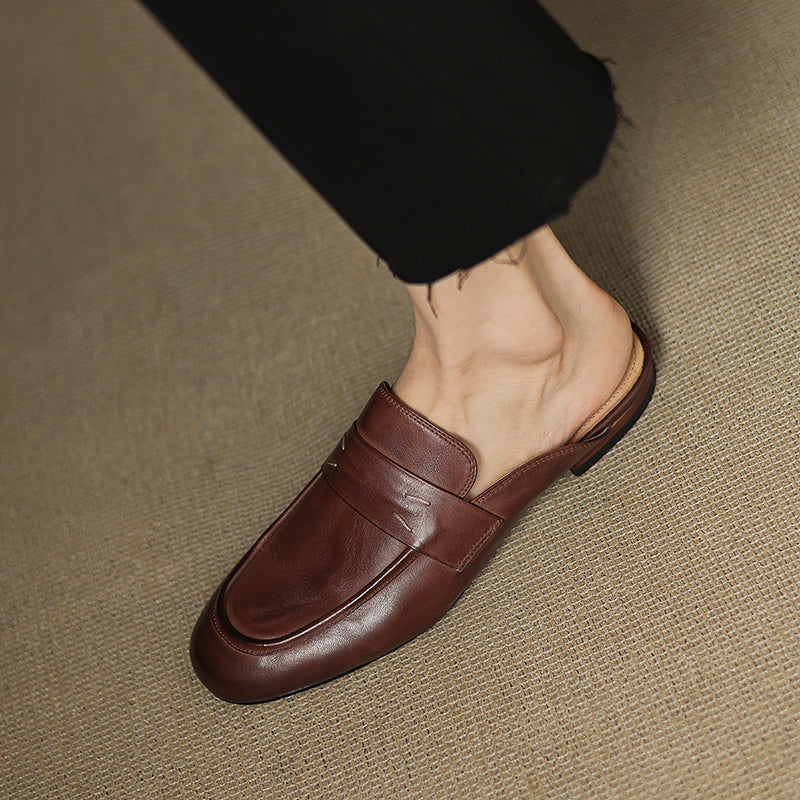 Women's Leather Loafer Mules Handcrafted Summer Classic Round Toe Comfort Flats