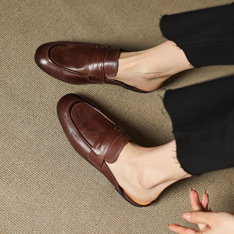 Women's Leather Loafer Mules Handcrafted Summer Classic Round Toe Comfort Flats