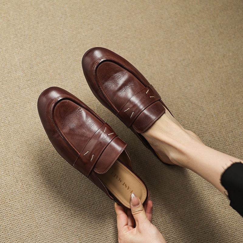 Women's Leather Loafer Mules Handcrafted Summer Classic Round Toe Comfort Flats